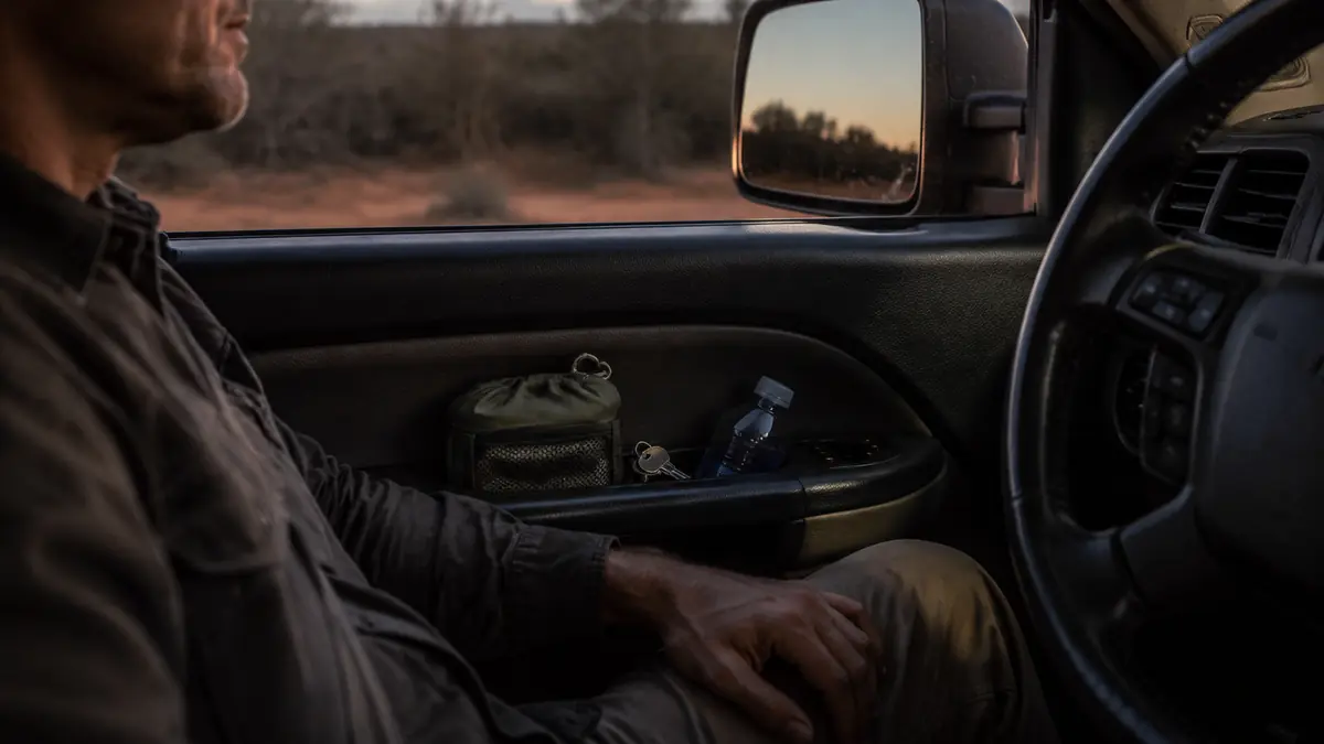 A folded daypack tucked into a truck door pocket next to keys and a water bottle