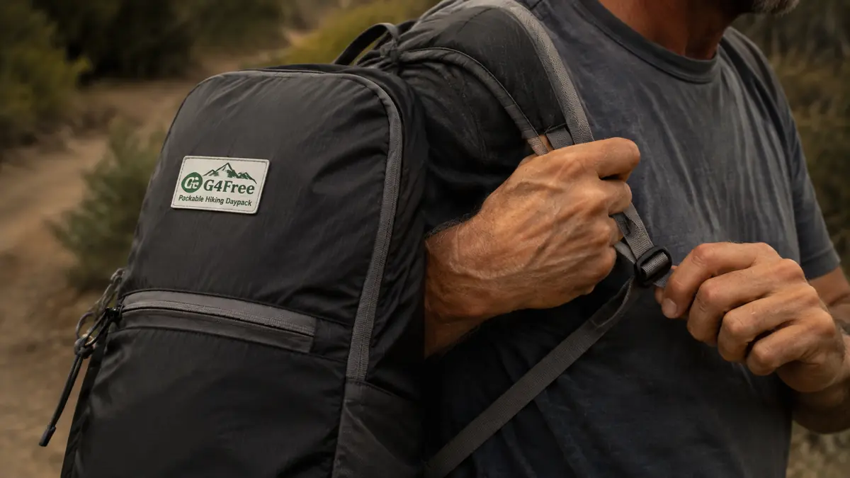 Close-up of hands adjusting a thin unpadded shoulder strap pressing into a loaded daypack