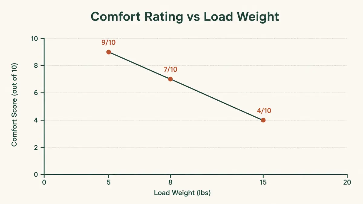 Chart showing comfort rating dropping from 9 out of 10 at 5 pounds to 4 out of 10 at 15 pounds of load