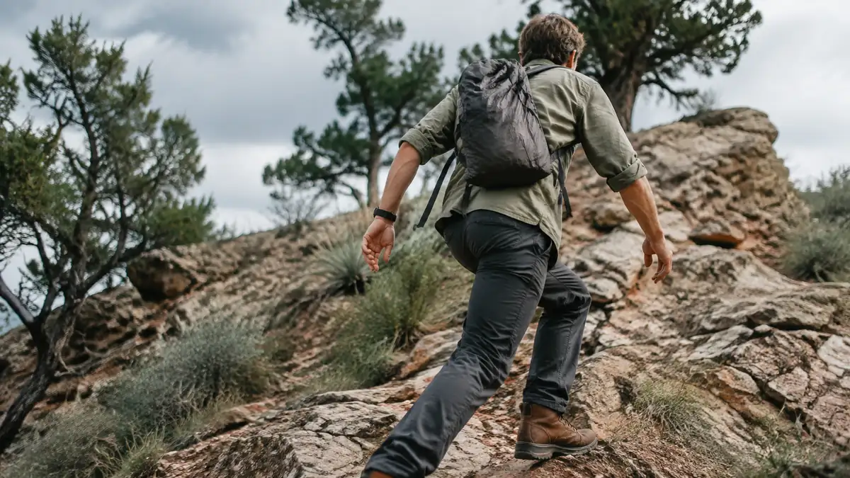 Hiker scrambling over a rocky ridge with a small daypack sagging slightly against his back