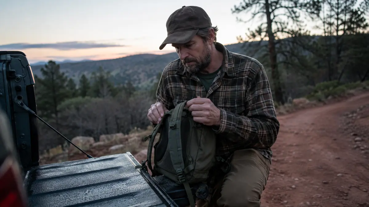 Man crouched at a truck tailgate at dawn cinching the straps of a small daypack before heading up a ridge trail