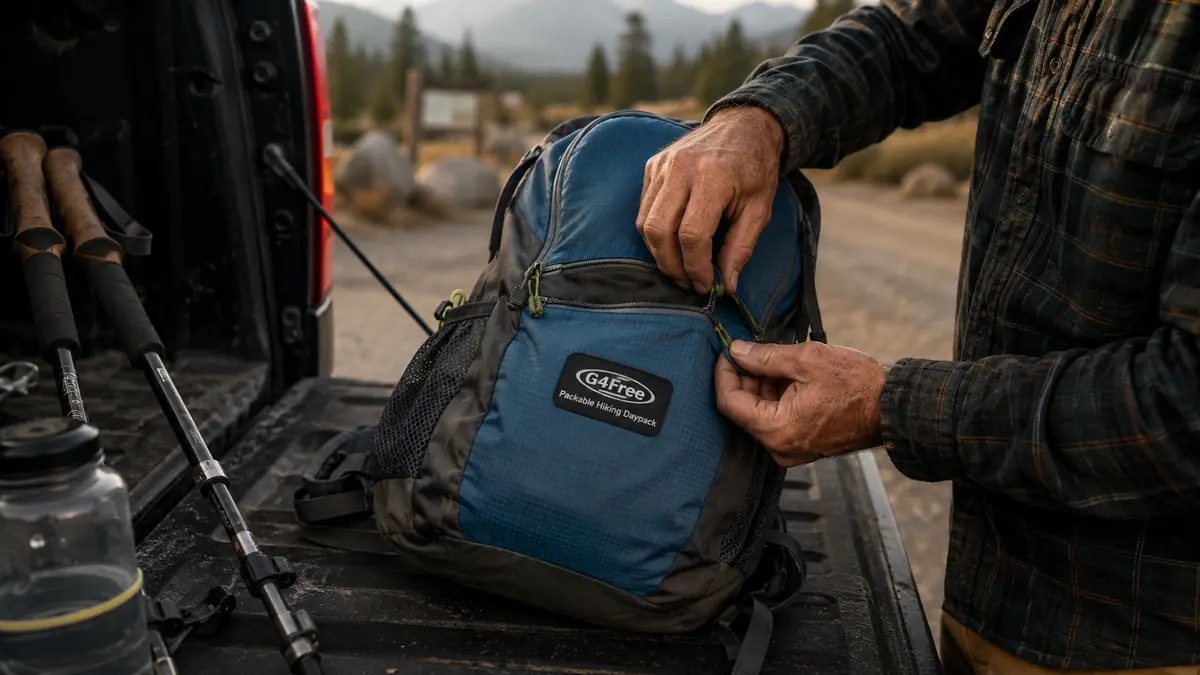 Close view of hands unzipping the front pocket of a folded packable daypack at a trailhead