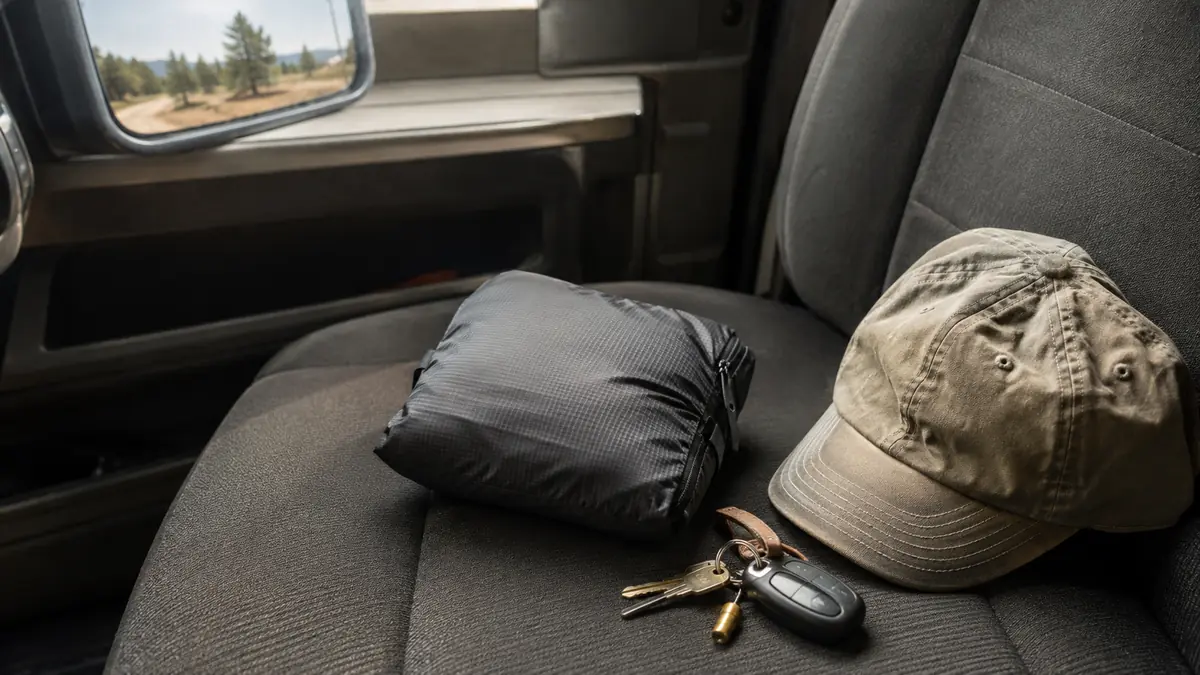 Packable daypack folded down into its own front pocket and sitting next to a truck door handle
