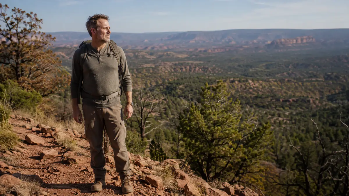 Man on a rocky ridgeline trail wearing a small packable daypack with a wide valley view behind him