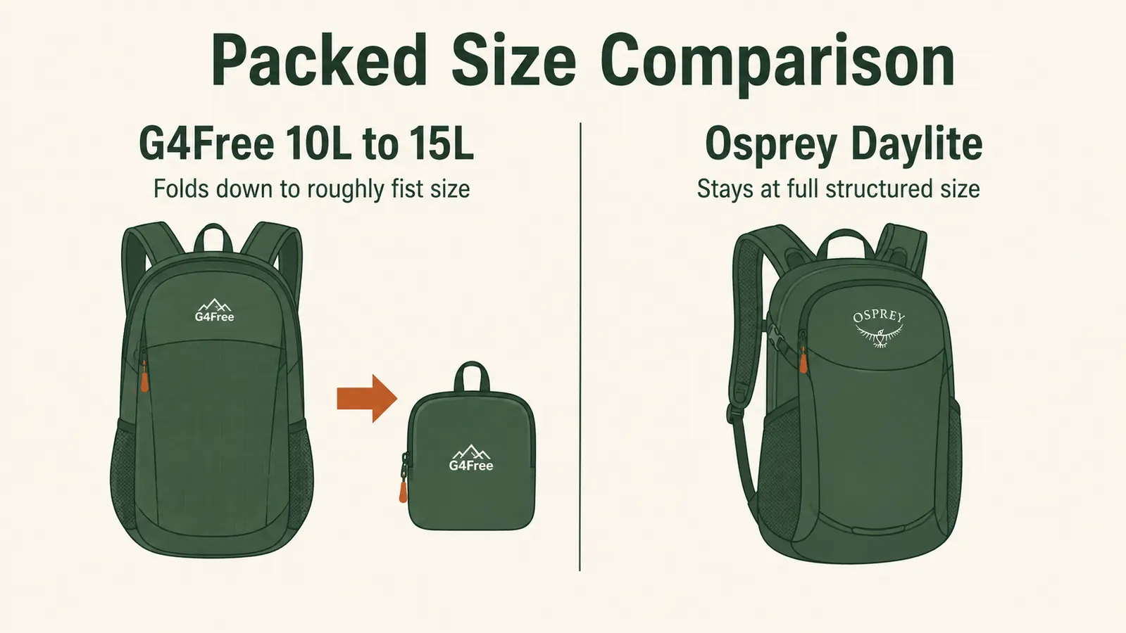 Comparison chart showing packed size for both daypacks, folded down small versus staying at full structured shape
