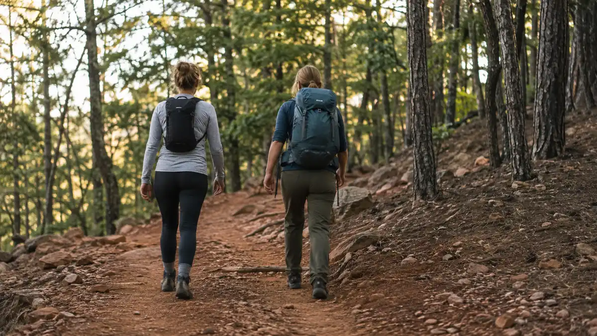 Two hikers on a wooded trail, one wearing a slim packable daypack and the other wearing a structured daypack with a hip belt