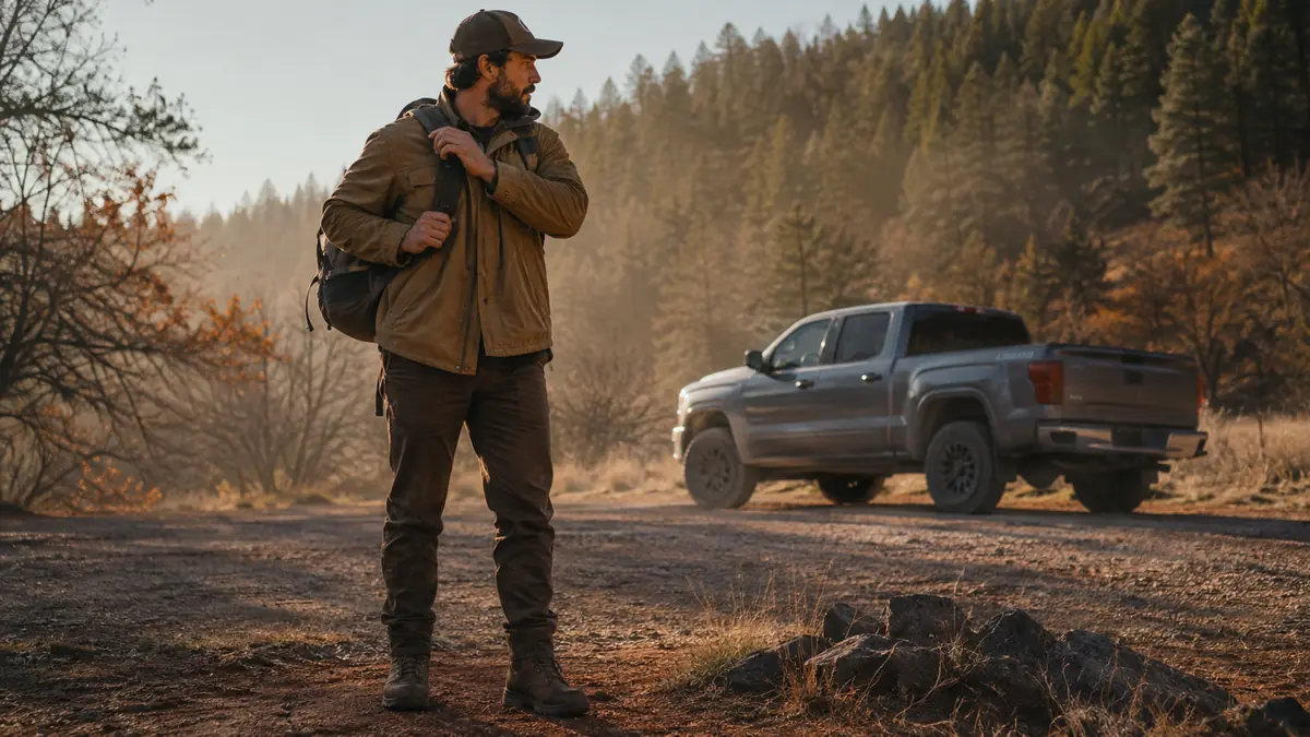 Hiker adjusting the shoulder strap of a small packable daypack at a dusty trailhead with a truck parked behind him