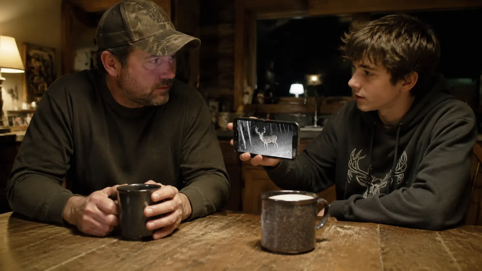 Father and teenage son looking at a phone screen at a kitchen table