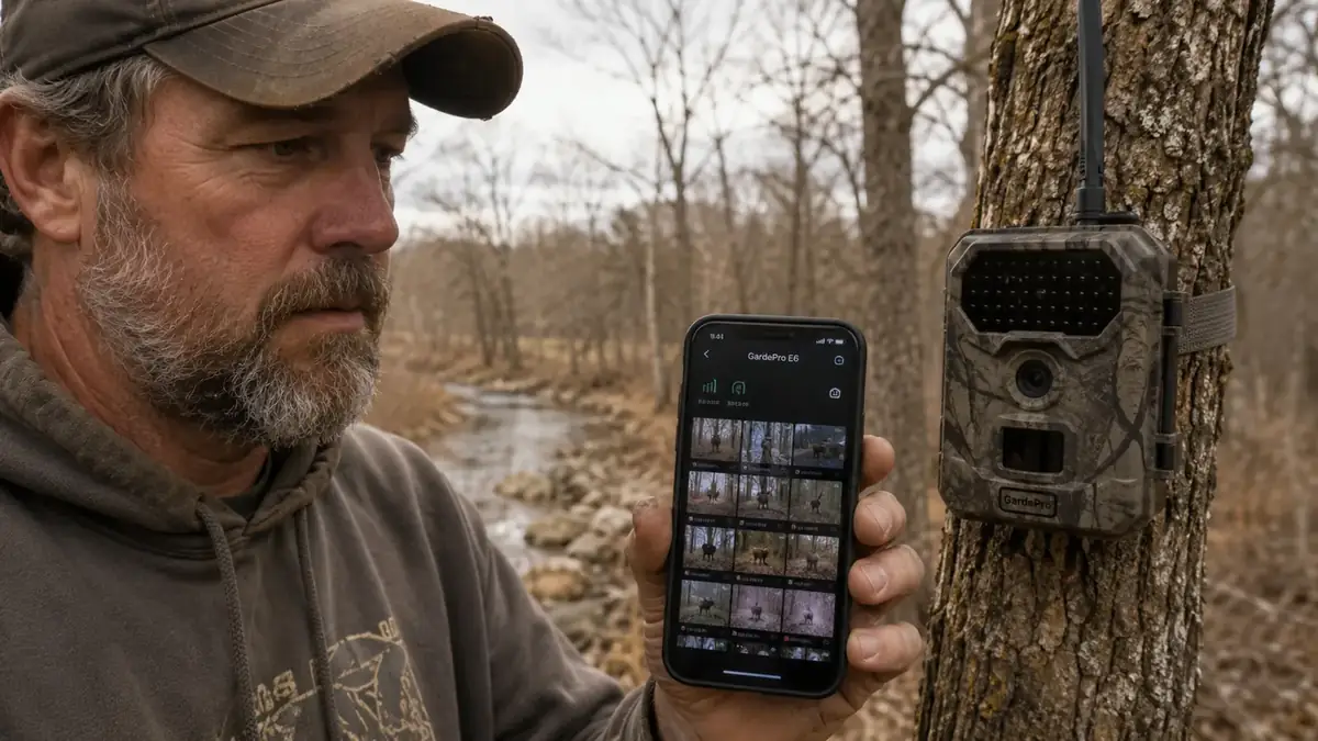 Hand holding a phone showing the GardePro app with a photo thumbnail grid and a weak WiFi signal icon