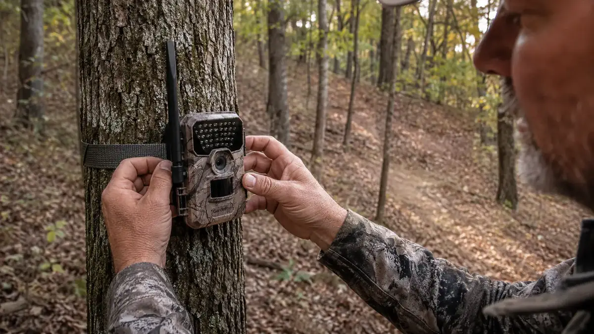 Weathered hands strapping the GardePro E6 to a tree trunk and aiming it down a trail