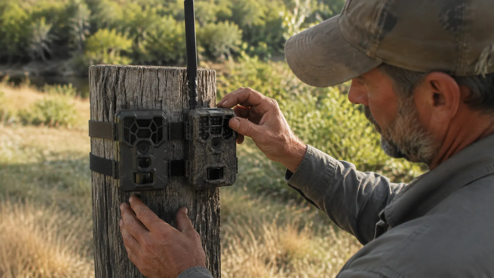 GardePro E6 trail camera and a Moultrie trail camera mounted side by side on the same fence post for comparison