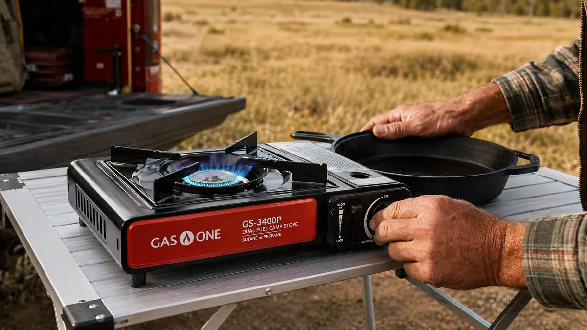 Hands lighting a Gas One GS-3400P dual fuel stove on a folding table at hunting camp