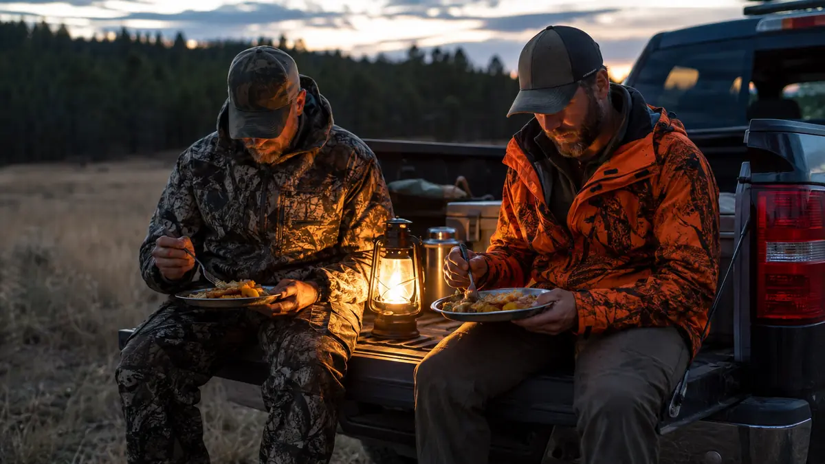 Two hunters eating a hot meal off a tailgate at dusk in elk camp