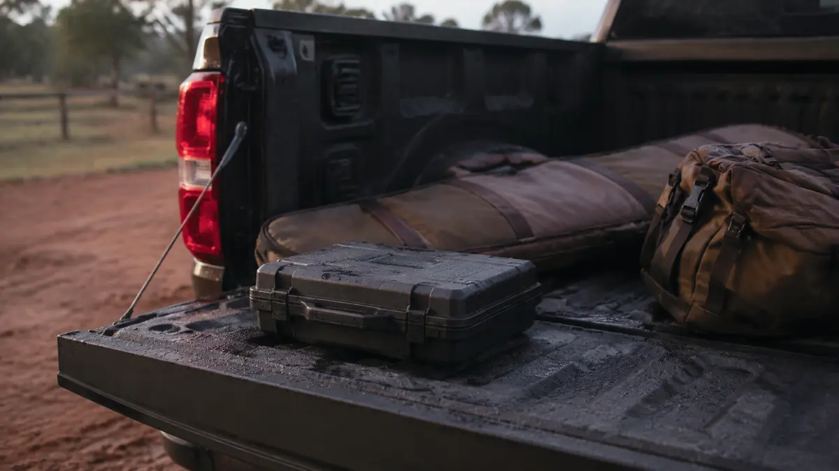 Portable propane and butane stove packed in its carrying case next to a truck bed