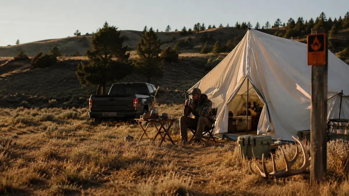 Hunting camp at dusk in a dry western meadow with a truck and wall tent, no campfire burning