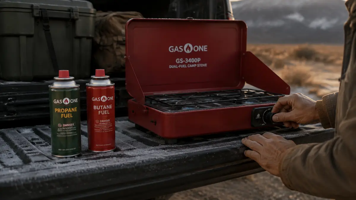Close-up of hands turning the fuel selector knob on a portable stove between two canisters
