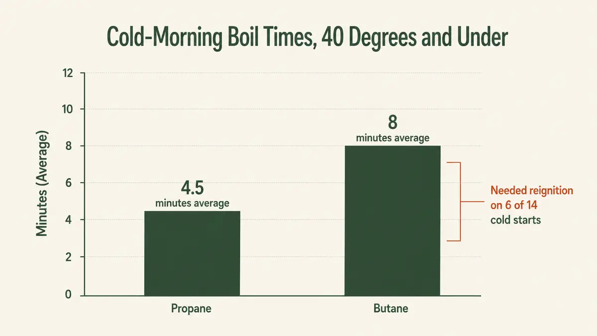 Chart comparing cold-morning boil times on propane versus butane over fourteen starts