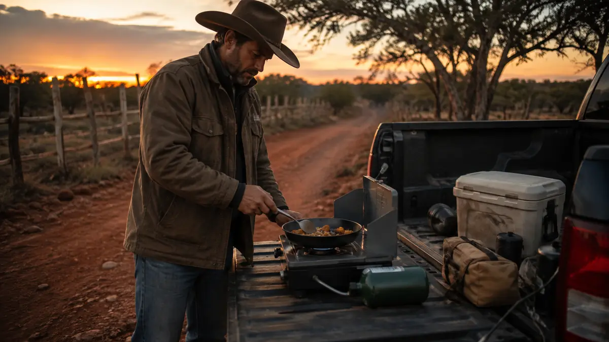Man cooking eggs on a small portable stove on an open tailgate with gear scattered around at dusk