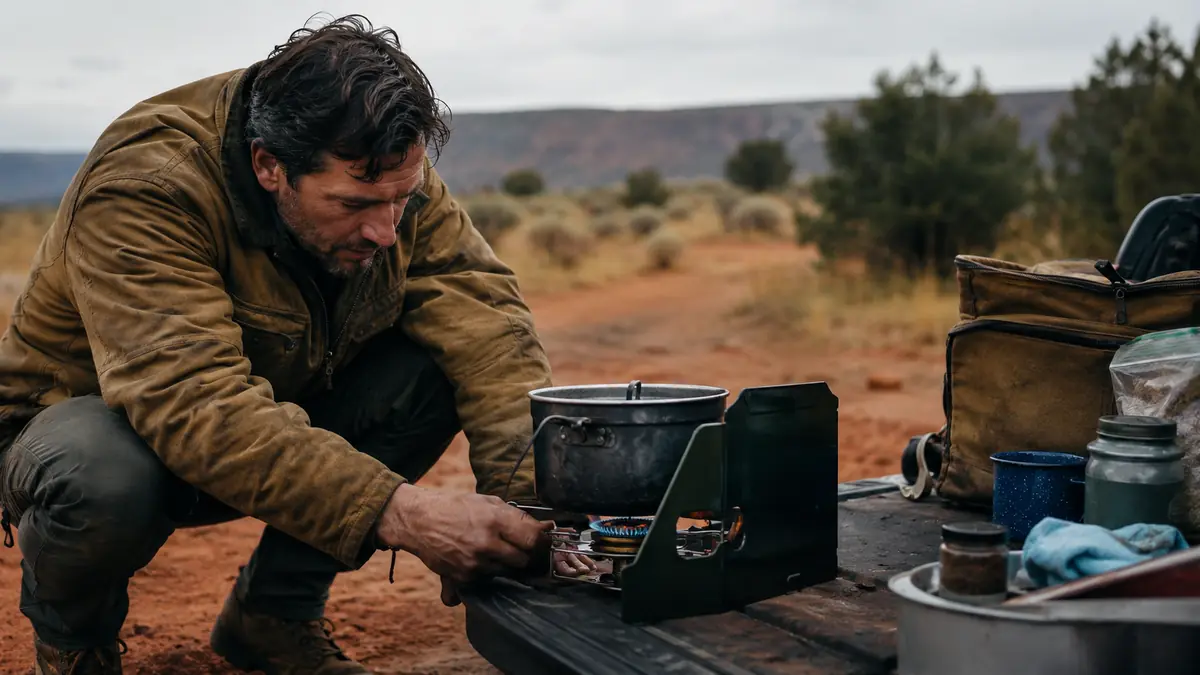 Man crouched at a tailgate camp kitchen shielding a lit portable stove from wind with his body