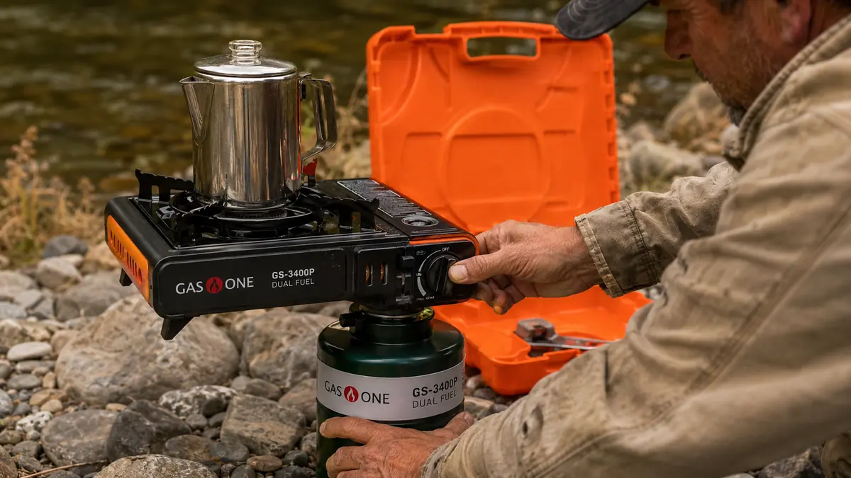 Close view of hands adjusting the fuel valve on a portable stove with a propane bottle threaded on