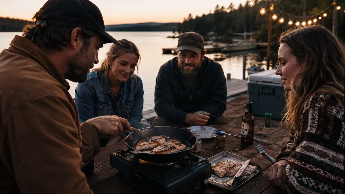 Three people frying fish over a portable camp stove at a lake house dock at dusk