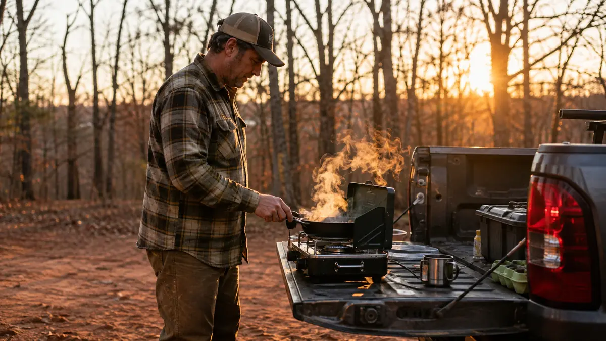 Portable dual fuel camp stove set up on a tailgate with a cast iron skillet at sunrise