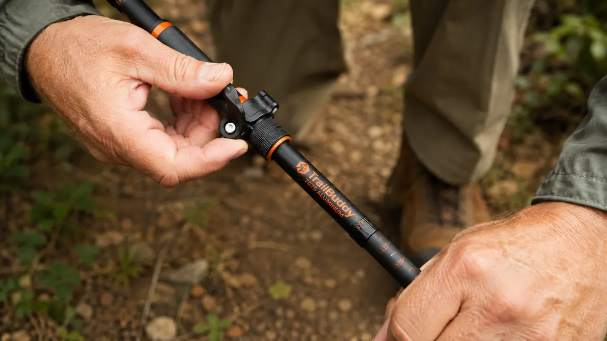 Close-up of hands opening a trekking pole flip-lock to change the shaft length