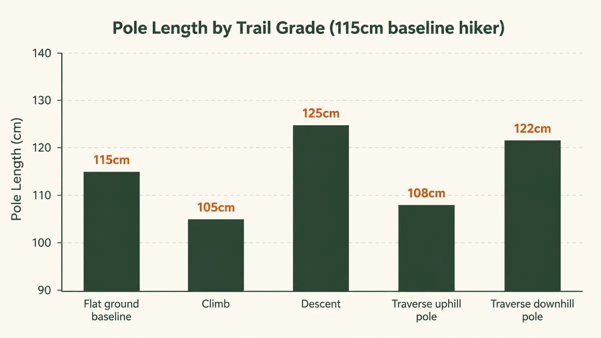 Chart showing recommended trekking pole length in centimeters for flat ground, a climb, a descent, and a side-hill traverse