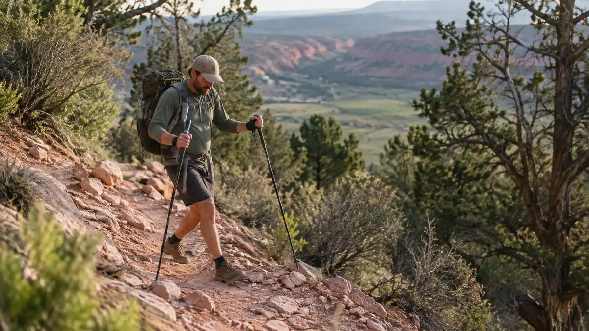 Hiker planting trekking poles ahead of his feet while descending a steep loose-rock trail