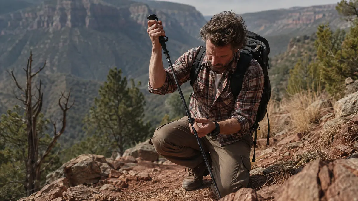 Hiker adjusting the flip-lock on a trekking pole partway up a steep switchback trail
