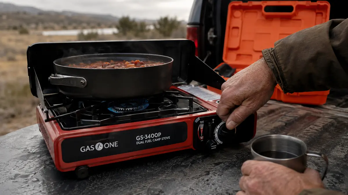 Hand adjusting the flame control knob on a portable camp stove while a pot simmers