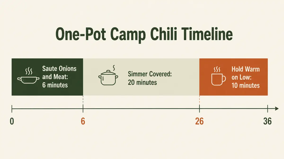 Bar timeline chart showing the three stages of cooking a one-pot camp chili on a portable stove