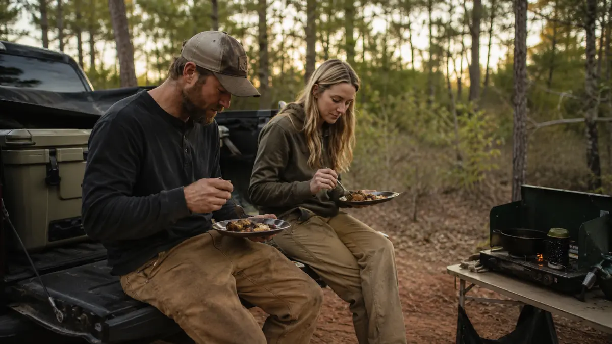 Two people eating a finished camp dinner off tin plates beside a portable stove at a campsite