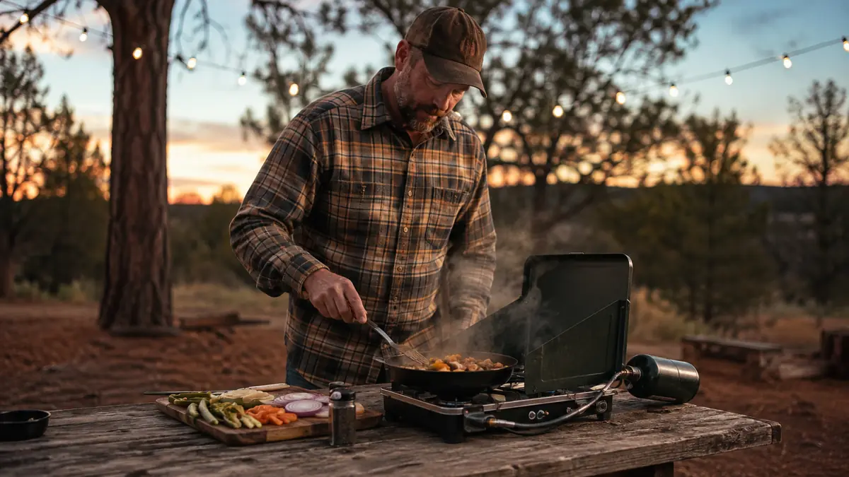 Portable dual fuel camp stove cooking a skillet dinner on a picnic table at dusk