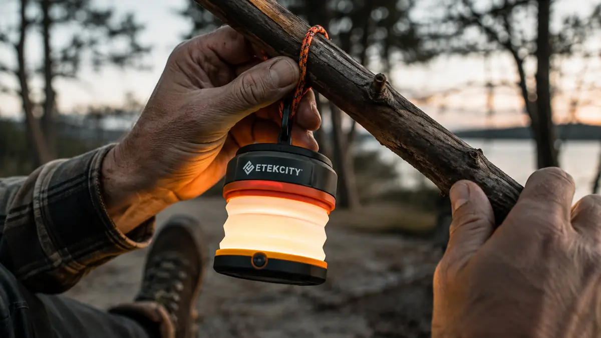 Hand hanging a collapsible LED lantern from a paracord loop on a tree branch