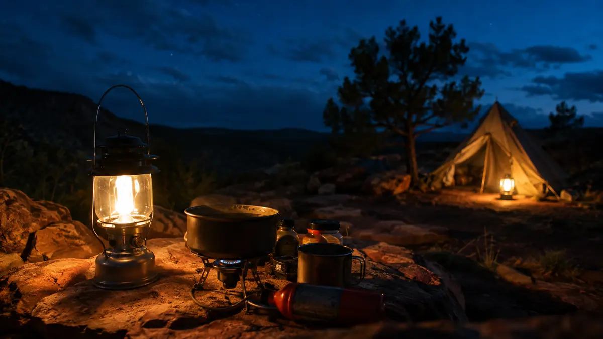 Camp cook area lit by a low bright lantern with a dimmer lantern glowing near the tent in the background