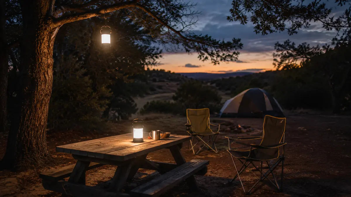 Two collapsible LED lanterns lighting a campsite table at dusk, one hung from a tree branch overhead