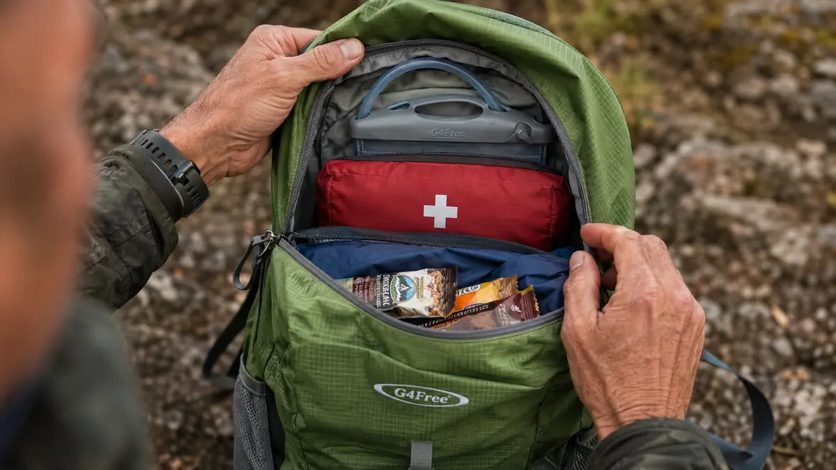 Hand tucking a first aid pouch into the main compartment of a packed daypack, heavy items near the spine
