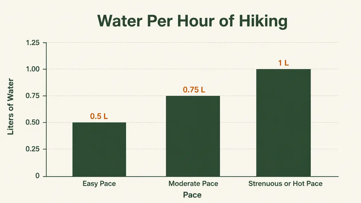 Chart showing recommended water intake in liters per hour of hiking across three effort levels