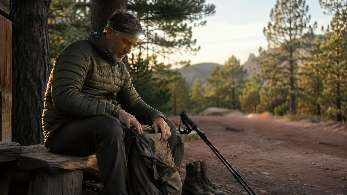 Hiker crouched on a trailhead bench loading a small daypack before sunrise