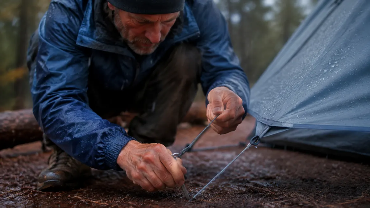 Hands staking down a taut rainfly guyline in muddy ground during a rainstorm