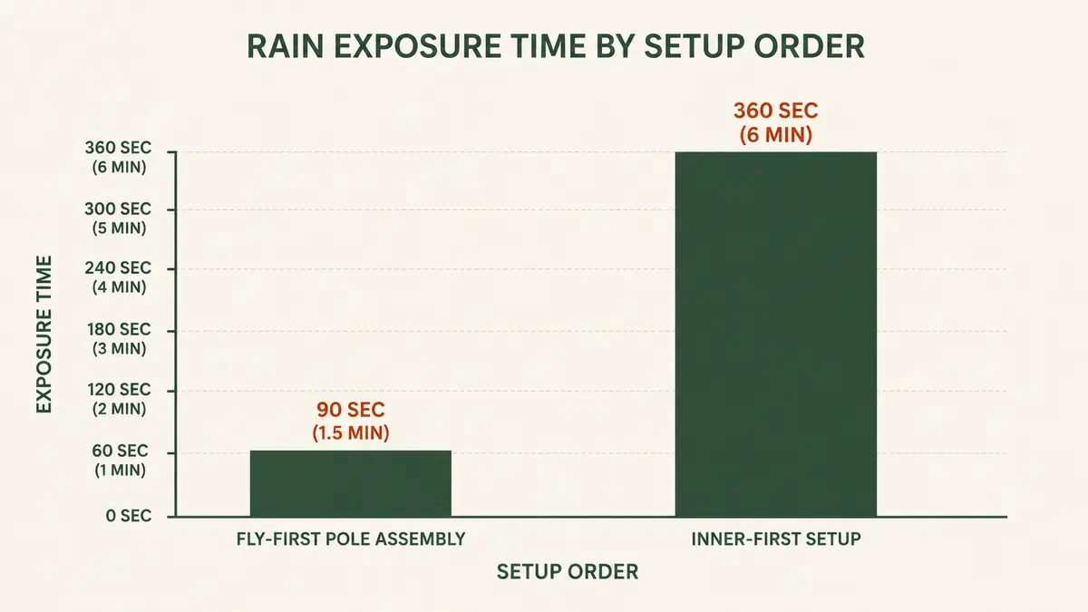 Bar chart comparing how long the inner tent mesh is exposed to rain using two different setup orders