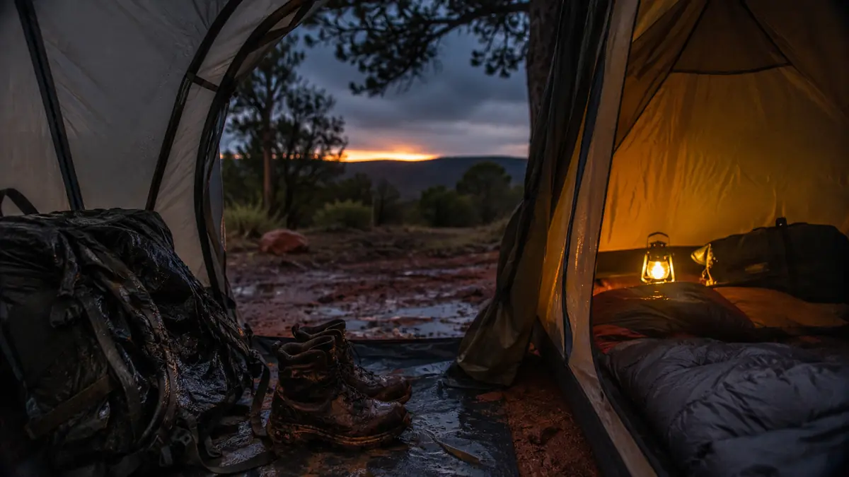 Dry gear stacked neatly inside a tent vestibule with wet boots left just outside the sleeping area
