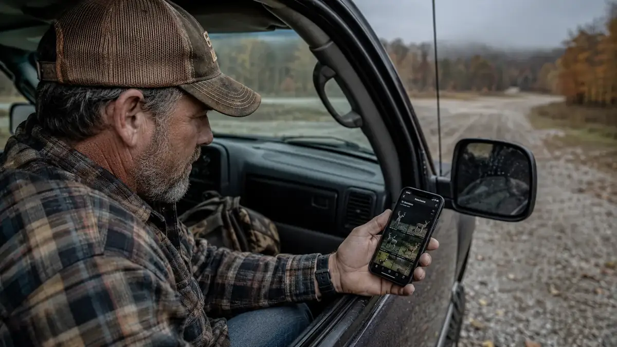A hunter checking trail camera photos on his phone from the driver's seat of a truck