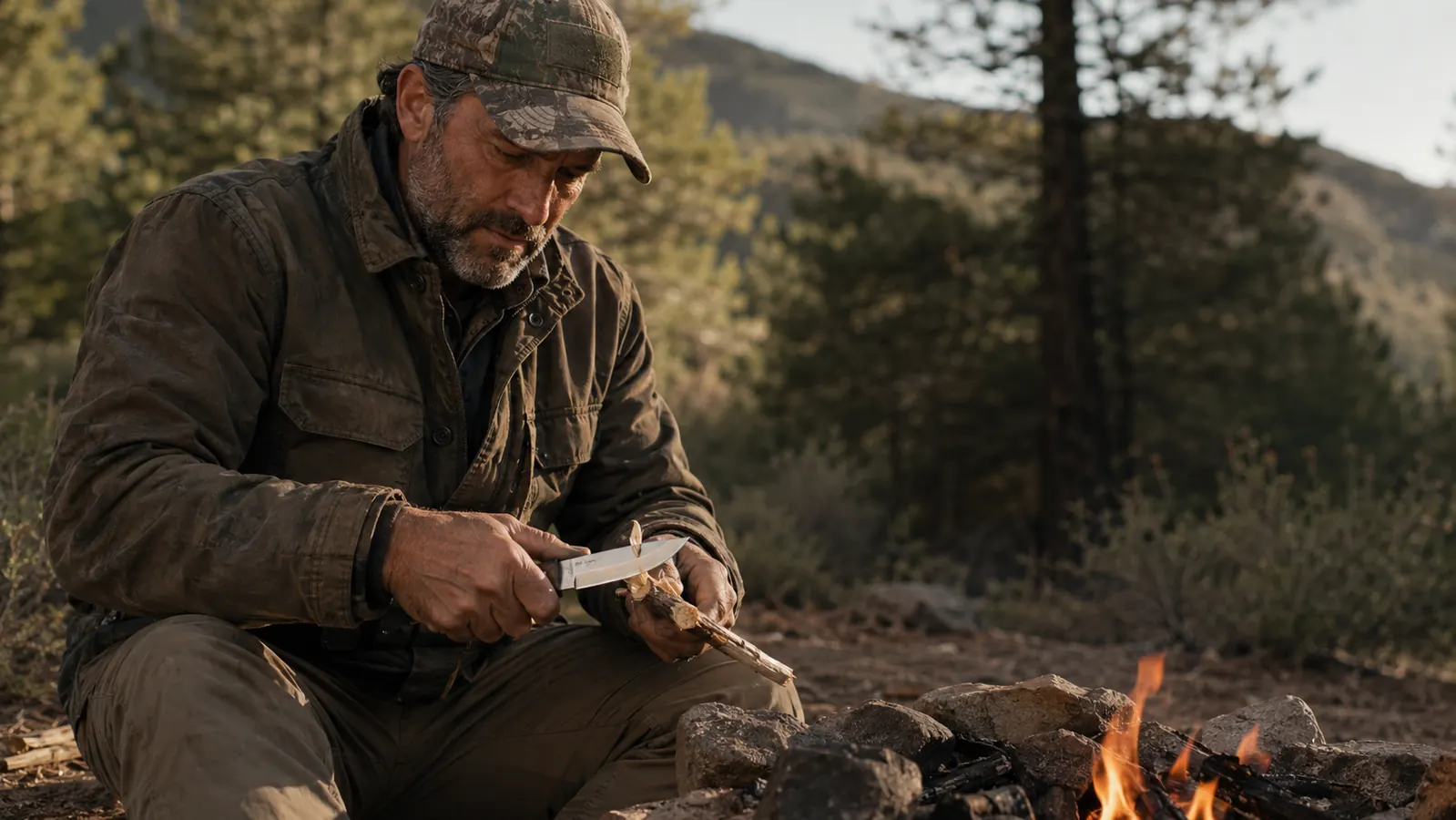 Hunter testing a freshly sharpened fixed blade knife by shaving a curl of wood from a stick