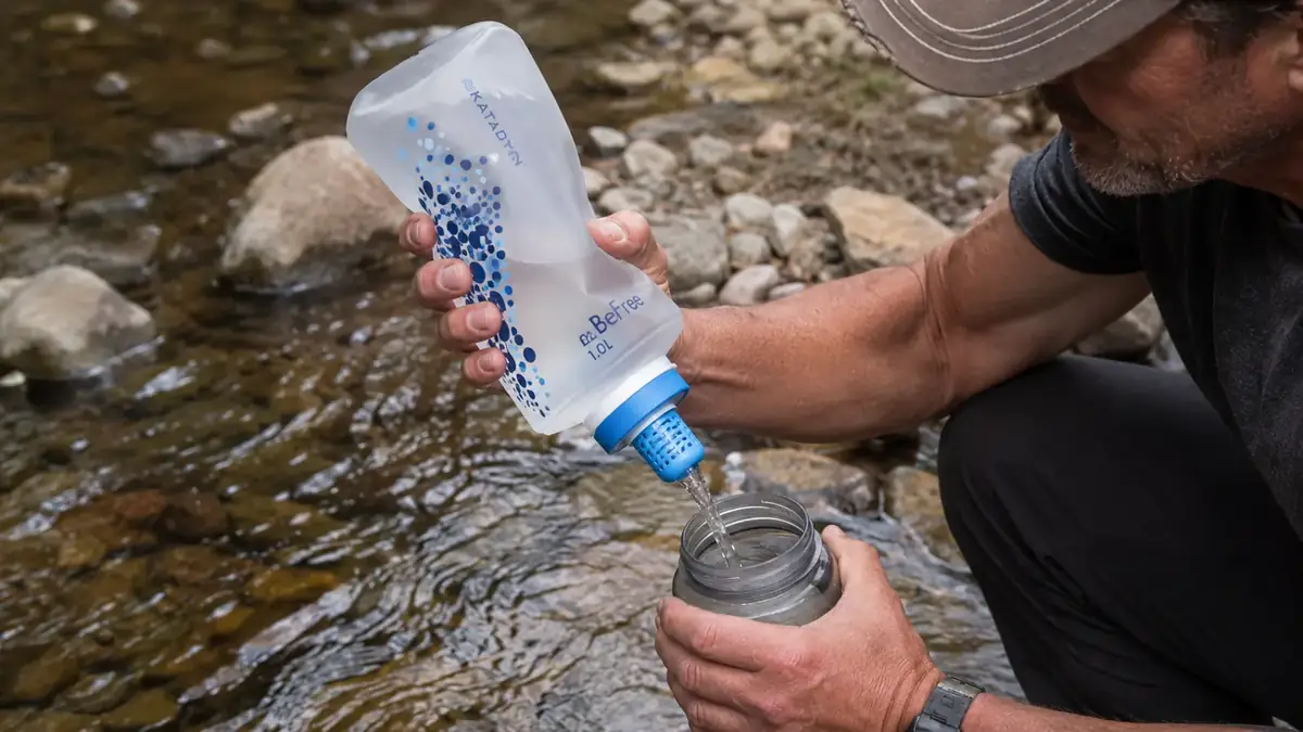 Hand squeezing a Katadyn BeFree collapsible water filter bottle over a rocky trail creek