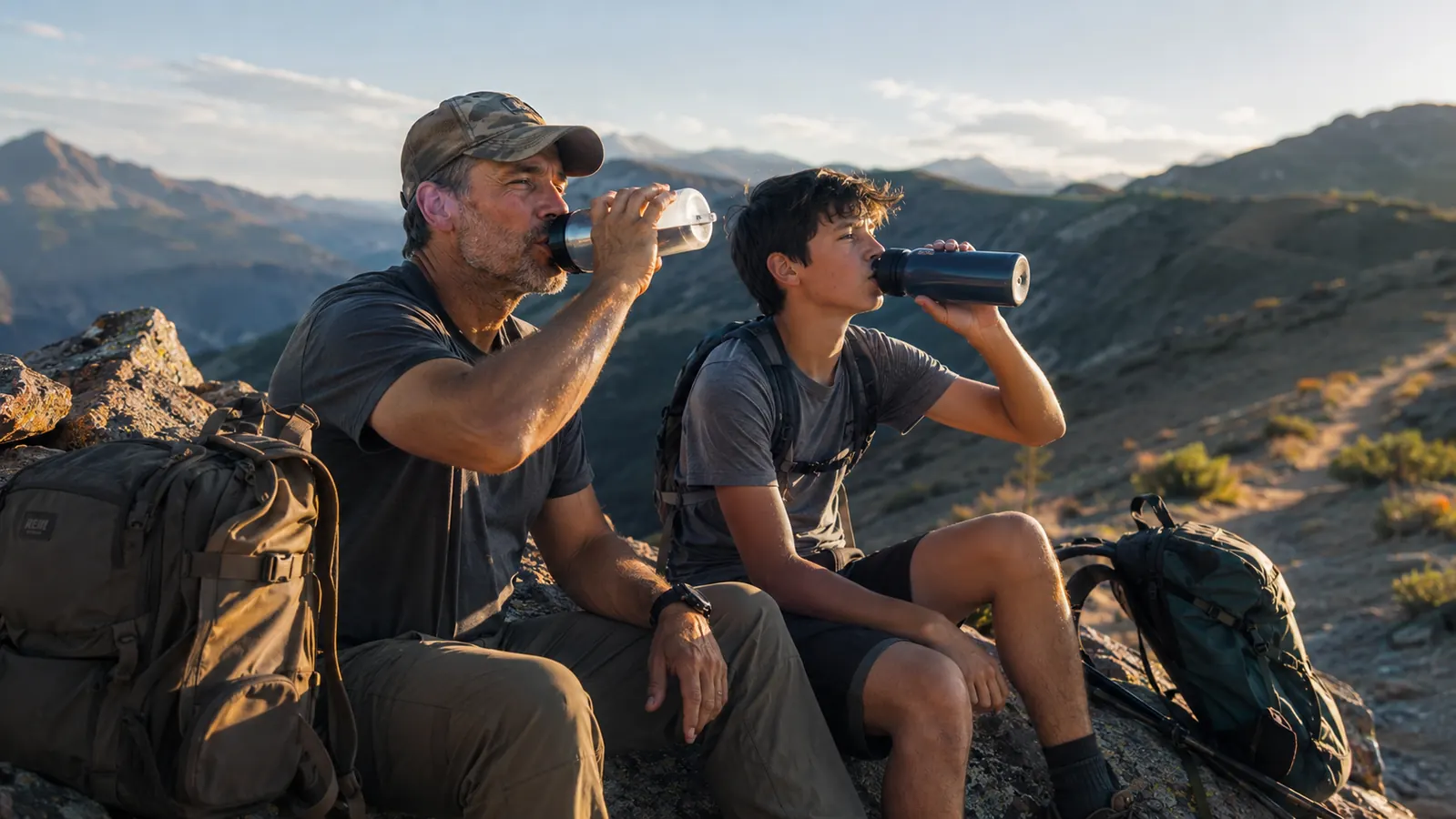 Father and son sitting on a rock ledge drinking from bottles after a long uphill climb