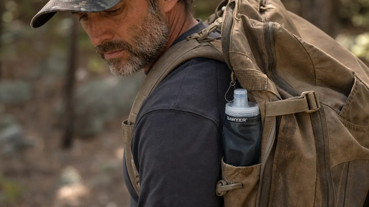 Squeeze water filter clipped to the outside of a backpack on a forest trail