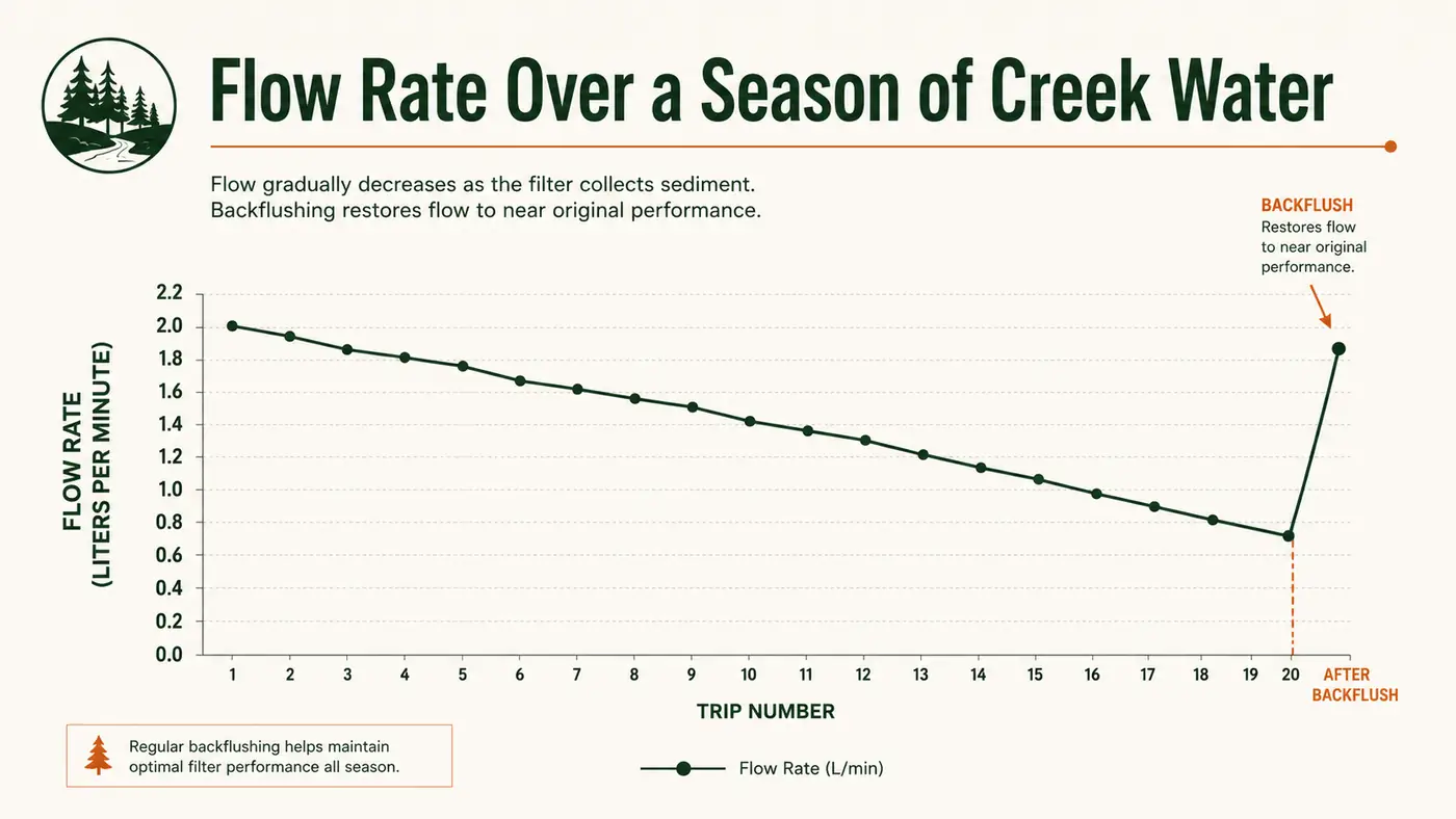 Simple line chart showing flow rate in liters per minute declining across a filtering season