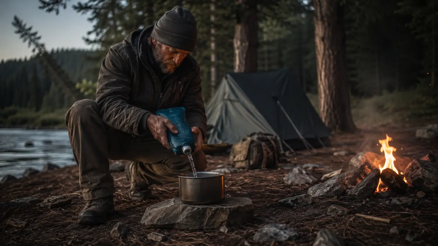 Backpacker squeezing a soft flask filter into a cooking pot at a mountain campsite in fading light